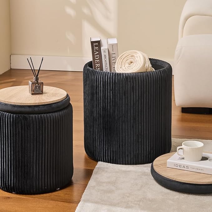 Round Set of 2 Ottoman with Storage-Upholstered Velvet Vanity Stool for MakeupMultifunctional Ottomans Coffee Table Padded Seat Foot Rest for Living Room&Bedroom (Black)