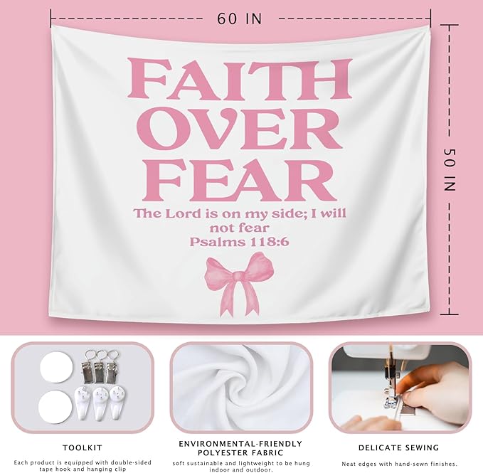 LIANGW Coquette Pink Bow Christian Tapestry Aesthetic, Coquette Preppy Room Decor for Teen Girls & Women, Wall Tapestry for Bedroom, Cute Bible Verses Tapestries Wall Hanging 50x60 inche