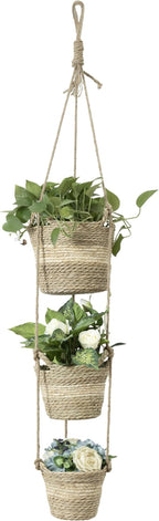 Navaris Seagrass Hanging Plant Pot Set - Decorative Indoor House Plant & Flower Pots with Jute Rope - Woven Basket Pattern for Home Storage - Small, Medium and Large Planters