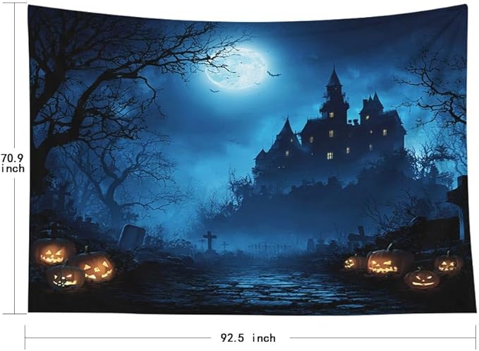 EMMTEEY Halloween Tapestry Night Forest Pumpkins Horror Castle Ceiling Tapestry 92.5X70.9 Huge Wall Art for Bedroom Living Room Fall Backdrop