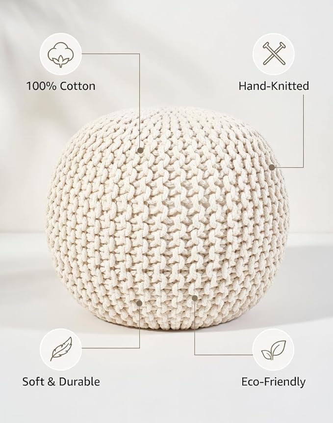 Palisa Round Ottoman Pouf Handmade Cotton Knitted Poof Bean Bag Filling (Ivory, 20" D x 20" W x 14" H)