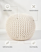 Palisa Round Ottoman Pouf Handmade Cotton Knitted Poof Bean Bag Filling (Ivory, 20" D x 20" W x 14" H)