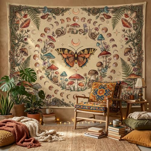 Gruaoihy Boho Vintage Moon Phase Tapestry, Botanical Aesthetic Butterfly Plant Mushroom Wall Hanging for Bedroom Dorm Decor, Beige 36x48 inches - color: Butterfly and Moon, size: 48"L x 36"W