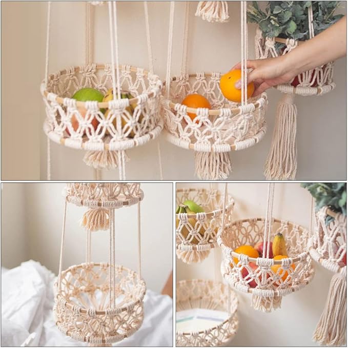 Alipis Macrame Plant Hanger Macrame Hanging Fruit Basket 2 Tier Woven Cotton Rope Storage Baskets Hanging Plant Holder for Vegetable Storage