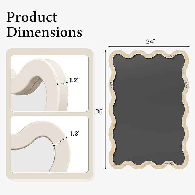 24"x36" White Wavy Wall Mirror for Bedroom Vanity, Large Cream Solid Wood Asymmetrical Mirror, Cute Squiggle Mirror for Room Decor, Aesthetic Funky Curvy Frame