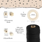 Macrame Kit-Black Edition-Makes 3 Macrame Plant Hangers with Easy to Follow Instructions for Adult Beginners - Includes 109 Yards 3mm Cotton Macrame Cord, Wooden Beads & Custom Instruction Booklet