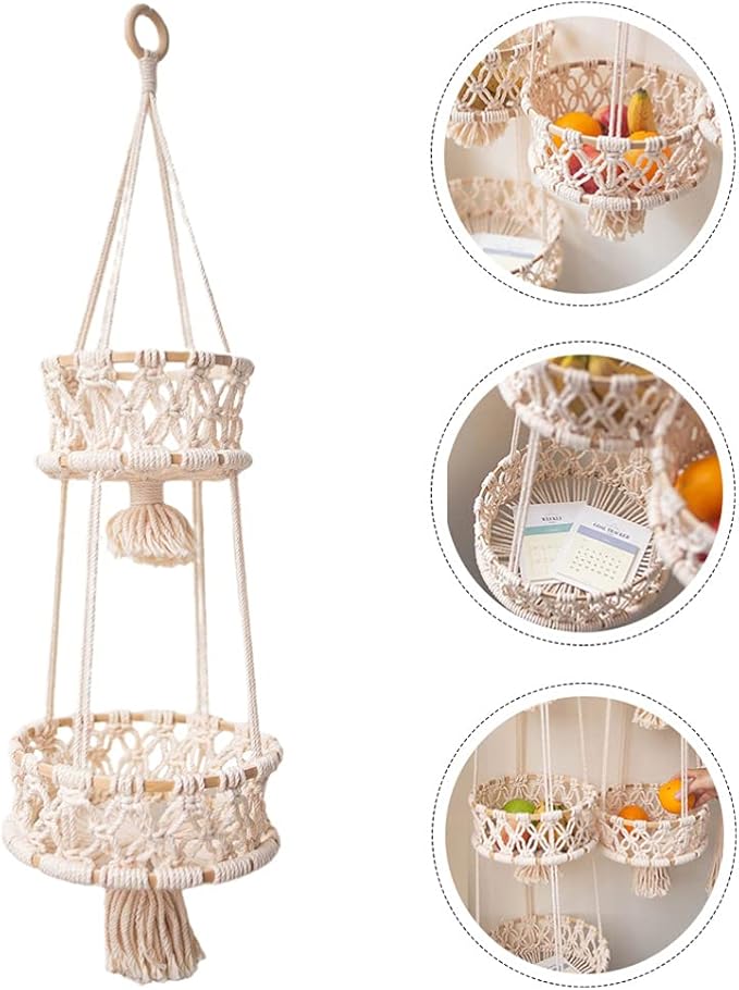 Alipis Macrame Plant Hanger Macrame Hanging Fruit Basket 2 Tier Woven Cotton Rope Storage Baskets Hanging Plant Holder for Vegetable Storage