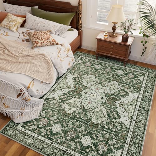 AMTOVO Area Rugs 5'x7' Washable Non-Slip, Vintage Boho Distressed Print Pattern Rugs for Living Room, Soft Low Pile Carpet for Bedroom Indoor Playroom Nursery Farmhouse Girls Room, Dark Green - color: Dark Green, size: 5' x 7' (Rectangular)