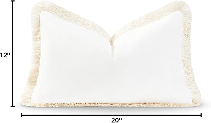 Hofdeco Premium Coastal Patio Indoor Outdoor Lumbar Pillow Cover Only, 12"x20" Water Resistant for Backyard, Couch, Solid White Fringe