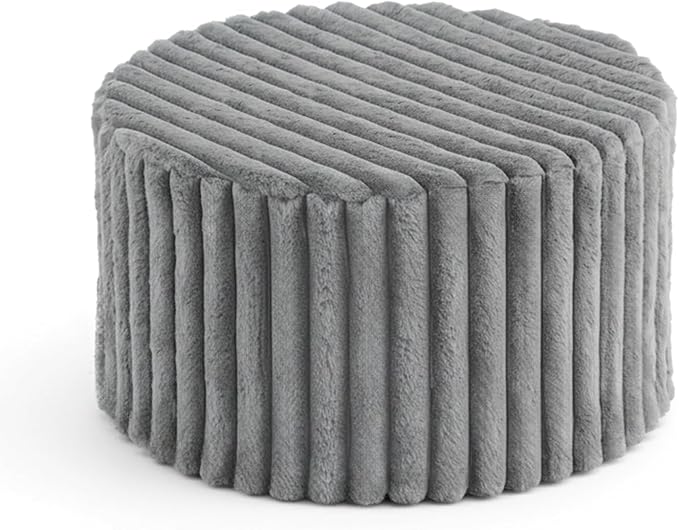 LITA Round Stuffed Pouf Ottoman, Corduroy Poufs with High-Density Foam Filling and Washable Cover, Furry and Fluffy Bean Bag Foot Stools Ottoman for Living Room, Bedroom, Office, Grey, Round