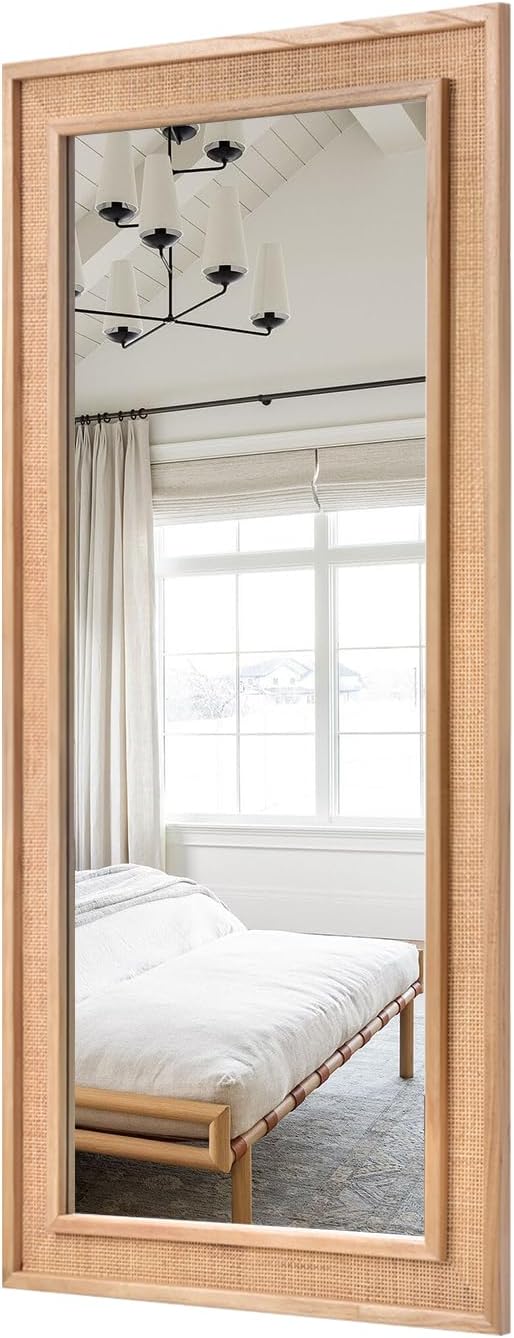 Rattan Full Length Mirror 24"x60" Long Wooden Full Body Mirror Hanging Decorative Farmhouse Rectangle Floor Mirror for Bathroom Living Dressing Room Nature