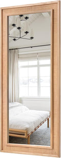 Rattan Full Length Mirror 24"x60" Long Wooden Full Body Mirror Hanging Decorative Farmhouse Rectangle Floor Mirror for Bathroom Living Dressing Room Nature