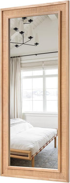 Rattan Full Length Mirror 24"x60" Long Wooden Full Body Mirror Hanging Decorative Farmhouse Rectangle Floor Mirror for Bathroom Living Dressing Room Nature