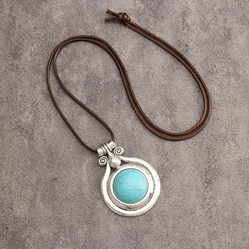 Leather Necklace for Women Long Boho Pendant Hippie Choker Necklace Bohemian Layered Leather Rope Wooden Jewelry Gifts - style: Leather Turquoise Necklace