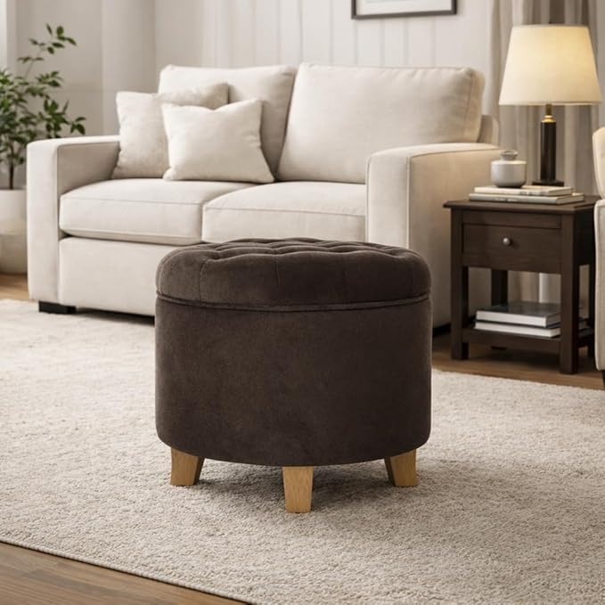 Homepop Home Decor | Upholstered Round Velvet Tufted Foot Rest Ottoman | Ottoman with Storage for Living Room & Bedroom | Decorative Home Furniture, Brown Velvet