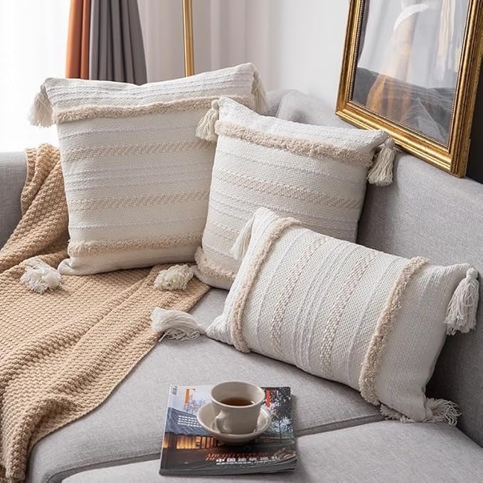 Beige Decorative Pillow Covers 20x20 Inch Soft Linen Texture Couch Throw Pillows Farmhouse Cushion Covers with Elegant Design for Sofa Bedroom Living Room Home Decor