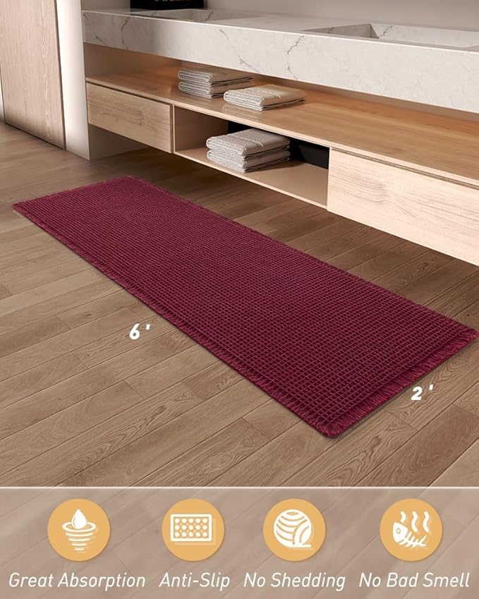 Upgraded Waffle Runner Rug, Super Absorbent Non Slip Bath Mats for Bathroom Floor, Washable Bathroom Runner Rug with Tassels, Ideal for Hallway Bedroom Laundry Room, Burgundy, 2'x 6'(24" x 72")