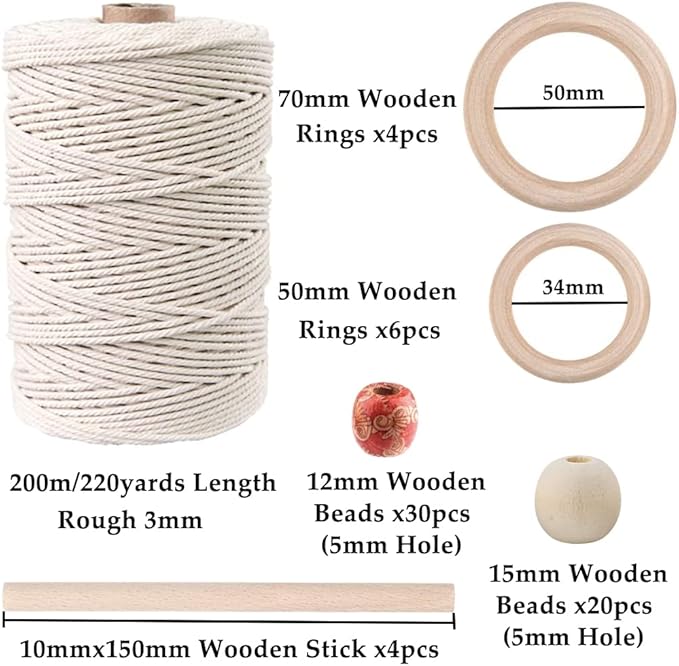 87pcs Macrame Kits for Beginners 3mm x 220yards Natural Cotton Macrame Cord Wall Hanging Kit, Macrame Supplies Best for Macrame Plant Hanger with Wooden Beads,Wooden Rings