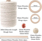 87pcs Macrame Kits for Beginners 3mm x 220yards Natural Cotton Macrame Cord Wall Hanging Kit, Macrame Supplies Best for Macrame Plant Hanger with Wooden Beads,Wooden Rings