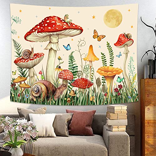 Zussun Red Mushroom Tapestry Moon Star Tapestries for Bedroom Aesthetic Beige Starry Night Green Plant Tapastrys Wall Hanging Butterfly Snail Frog Wall Tapestry for Living Room Dorm (Beige, 90" x 68") - color: Beige, size: 90"L x 68"W