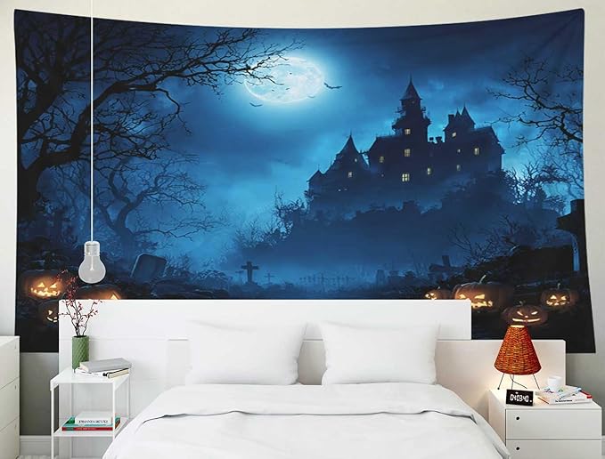 EMMTEEY Halloween Tapestry Night Forest Pumpkins Horror Castle Ceiling Tapestry 60X50 Horizontal Wall Art for Bedroom Living Room Fall Backdrop