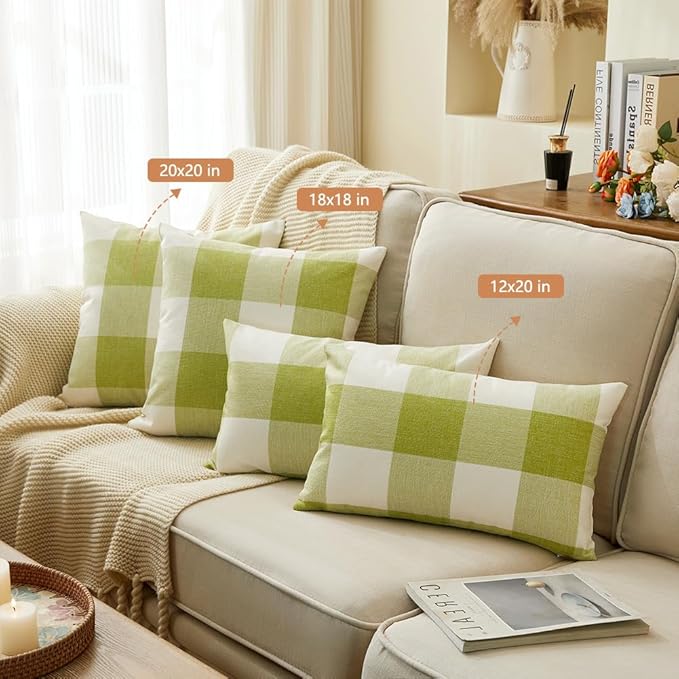 CARRIE HOME Spring Outdoor Green Plaid Pillow Covers 18x18 Set of 2, Green Farmhouse Buffalo Plaid Throw Pillows, Spring Outdoor Front Porch Decor Gingham Pillow Covers (No Pillow Inserts)