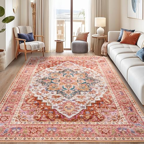 Foxmas 5x7 Area Rugs for Living Room, Machine Washable Vintage Rug, Non-Slip Low Pile Throw Rugs with Rubber Backing Washable Carpet for Bedroom Dining Room Kitchen Home Decor, Orange - color: Orange, size: 5' X 7' (Rectangular)