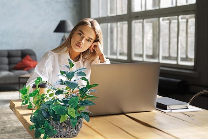 AlphaAcc 17" Fake Plants Potted Mixed Ficus Pothos Eucalyptus Arrangement with Oval Rattan Woven Basket Planter Realistic Faux Greenery Artificial Plants for Living Room Bedroom Kitchen Office Decor