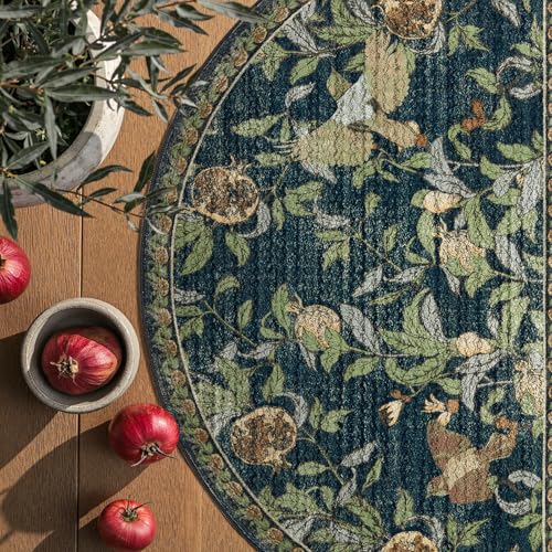 jinchan Eden Botanical Vintage Washable Small Area Rug, 2x3 Half Circle Floral Entryway Rug, Low Pile Soft Non Slip Doormat Dirt Trapping Carpet for Entrance Kitchen Bathroom Vanity, Blue - color: Eden Dark Blue, size: 1'9" x 3' (Semicircular)