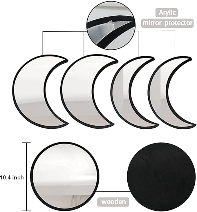 5-Piece Black Acrylic Moon Phase Wall Mirror Set - Shatterproof Safety Design, Easy Stick-On Installation, Boho Celestial Decor for Bedroom Living Room