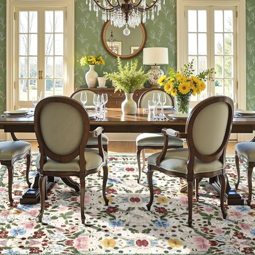 Deerly Washable Floral Rugs 8x10 Large Vintage Living Room Carpet Boho Non-Slip Soft Low Pile Thin Bedroom Floor Mat Indoor for Dining Room Playroom Nursery Farmhouse, Beige/Green/Multi - color: Beige/Green/Multi, size: 8' x 10' (Rectangular)