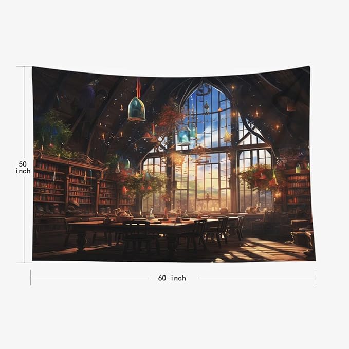 EMMTEEY Fantasy Library Wall Tapestry for Bedroom 60X50 Inch - Bookshelf Wall Decor Vintage Dark Academia Backdrop for Living Room Dorm