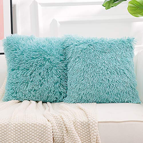 NordECO HOME Luxury Soft Faux Fur Fleece Cushion Cover Pillowcase Decorative Throw Pillows Covers, No Pillow Insert, 16" x 16" Inch, Teal Green - color: G-teal Green, size: 16" x 16" (Pack of 2)