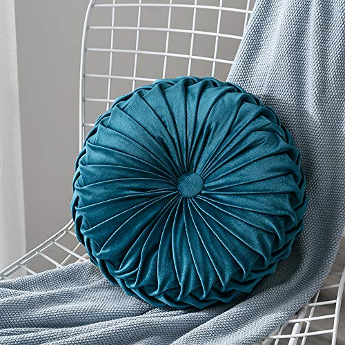MOCOFO Round Velvet Throw Pillow, Pumpkin Shape Decorative Floor Cushion, Handcrafted Pleated Design, 14 and 16 Inch Diameter, Multiple Colors, Polyester Fill (Dark Blue, 14") - color: Dark Blue, size: 14"