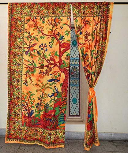 Orange Tree of Life Mandala Cotton Curtain Wall Hanging Mandala Window Door Curtains Wall Panels Hippie Boho Decor Tapestry Window Treatments Balcony Room Door Curtain - color: Orange Red, size: 52"W x 82"L (Pack of 1)