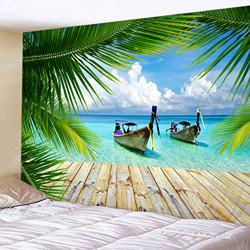 LYFANS Printed Fabric Tapestry Decorative Wall Art Tapestry Bedroom Dormitory Living Room Tapestry [79 x 59 inches] Seaside Boat Coconut Leaves - color: Seaside Boat Coconut Leaf, size: 79x59inch