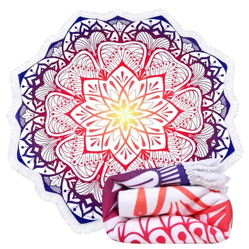 Benefeet Sox Large Mandala Beach Towel Round Microfiber Circle Beach Towels Bohemian Roundie Beach Blanket Quick Dry Beach Throw Blanket Sand Free Pool Towels, 59 Inches Purple Orange - color: Mandala, Purple Orange