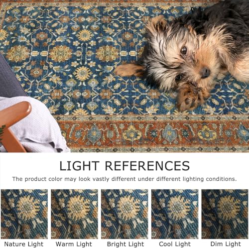 KUTA Vintage 2x3 Rugs for Entryway, Non-Slip Washable Kitchen Area Rug & Indoor Door Mat with Floral Print, Blue Terracotta Ultra Thin Soft Low-Pile Throw Rug for Front Door, Bedside, Small Spaces - color: Blue Terracotta, size: 2' x 3' (Rectangular)