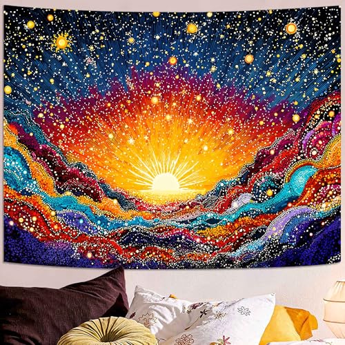 Spenlife Abstract Cosmic Sunrise Mountains Wall Tapestry, Trippy Galaxy Landscape Tapestries for Bedroom Decor, Artistic Tapestry 90x70 Inch - color: Blue Orange, size: 90"L x 70"W