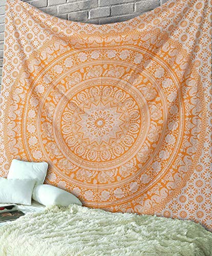 RAJRANG Elephant Mandala Tapestry Cotton Wall Hanging Hippy Tapestries Hippie Beach Throw College Dorm Decor Bohemian Boho Bedsheet - Orange - Queen - 90x84 inches - color: Buff orange, size: 90"L x 84"W