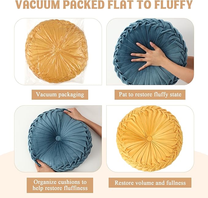 Round Throw Pillows Decorative Pleated Throw Pillows 15'' Diameter Accent Pumpkin Boho Chair Cushion for Couch Sofa Home Decoration(Yellow, Brown, Blue,3 Pcs)