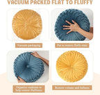 Round Throw Pillows Decorative Pleated Throw Pillows 15'' Diameter Accent Pumpkin Boho Chair Cushion for Couch Sofa Home Decoration(Yellow, Brown, Blue,3 Pcs)