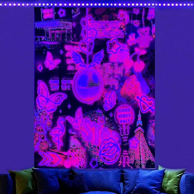 Pink Neon Tapestry for Bedroom Aesthetic Blacklight Tapestry UV Reactive Glow in the Dark Black Light Posters Ceiling Tapestries Wall Hanging Fabric Wall Hanging Tapestries for Living Room Decor 51x59