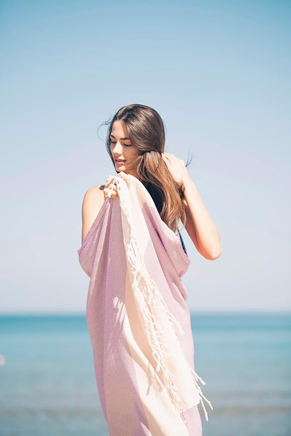 Bazaar Anatolia Turkish Beach Towel 100% Cotton Bath Towels 71x39 Quick Dry Sand Free Lightweight Large Oversized Herringbone Lavander Lilac