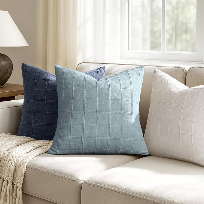 Woaboy Linen Check Throw Pillow Covers Light Blue Farmhouse Modern Boho Vintage Coastal 18x18 Inch Set of 2 Decorative Cushion Covers for Sofa Couch Bedroom Living Room Home Decor