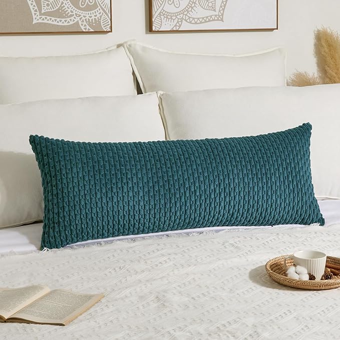 Kevin Textile 20x54 Inch Long Body Lumbar 1 Pack Boho Decorative Throw Pillow Cover Soft Striped Corduroy Rectangle Cushion Case Farmhouse Accent for Living Room Couch Sofa Bed, Teal Blue