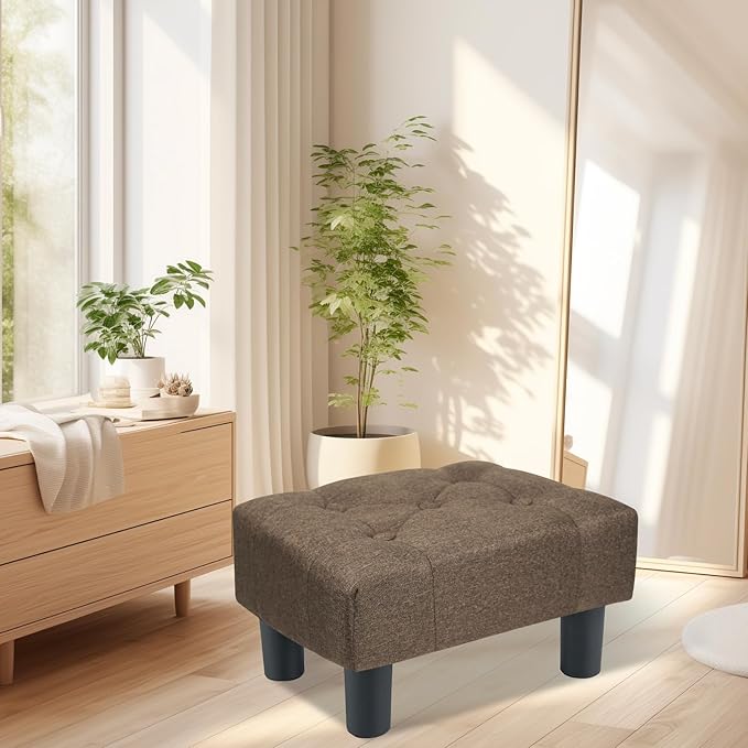 Poofzy Small Foot Stool Ottoman, Linen Ottoman Foot Rest with Legs, Rectangle Foot Rest for Couch, Footstools and Ottomans Small for Living Room and Entryway (Brown)