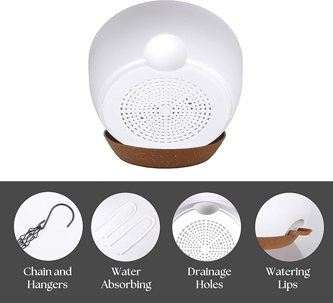 Hanging Plant Pots 12 inch Set of 2, Self Watering Hanging Planters with Drainage Holes, Indoor Outdoor Plastic Flower Pots with Hanging Chains for Balcony, Porch, Garden, Home Décor, White