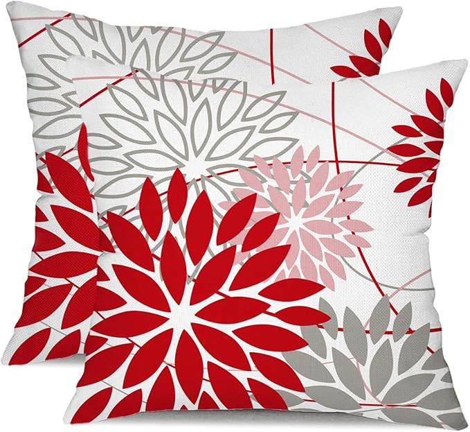 Red and Pink Grey Floral Pillow Covers 18x18 Set of 2 Outdoor Waterproof Decorative Throw Pillows valentines Pillow covers Polyester Cushion Case Decor for Couch Patio Funiture Garden Porch 01X18