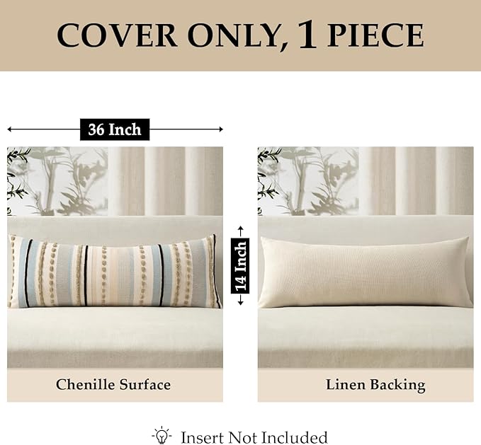 ANRODUO Pack of 1 Boho Decorative Throw Pillow Covers 14x36 Farmhouse Cushion Case Long Striped Chenille Pillow Cases Lumbar Pillow Covers Accent Neutral Pillow for Sofa Couch Bed, Light Blue Stripe